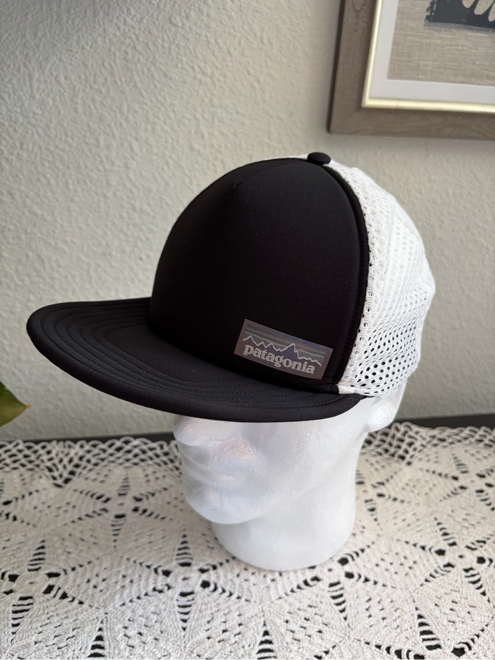 Patagonia Black Front White Mesh Trucker Hat with Patch